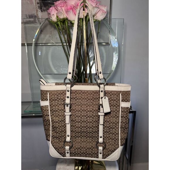 Coach Handbags - Coach Signature Buckle Brown and White Tote